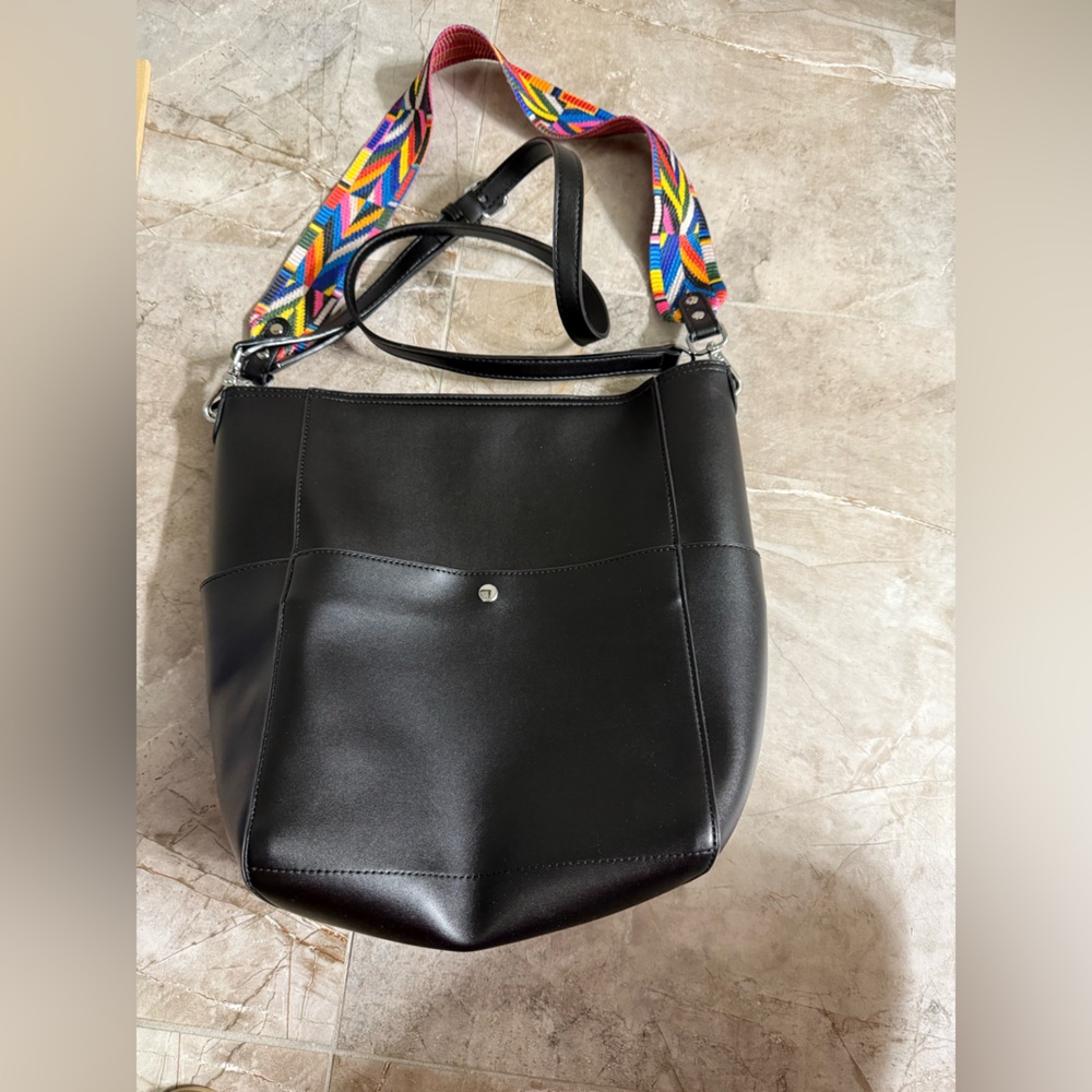 Black Leather Shoulder Bag with Colorful Strap